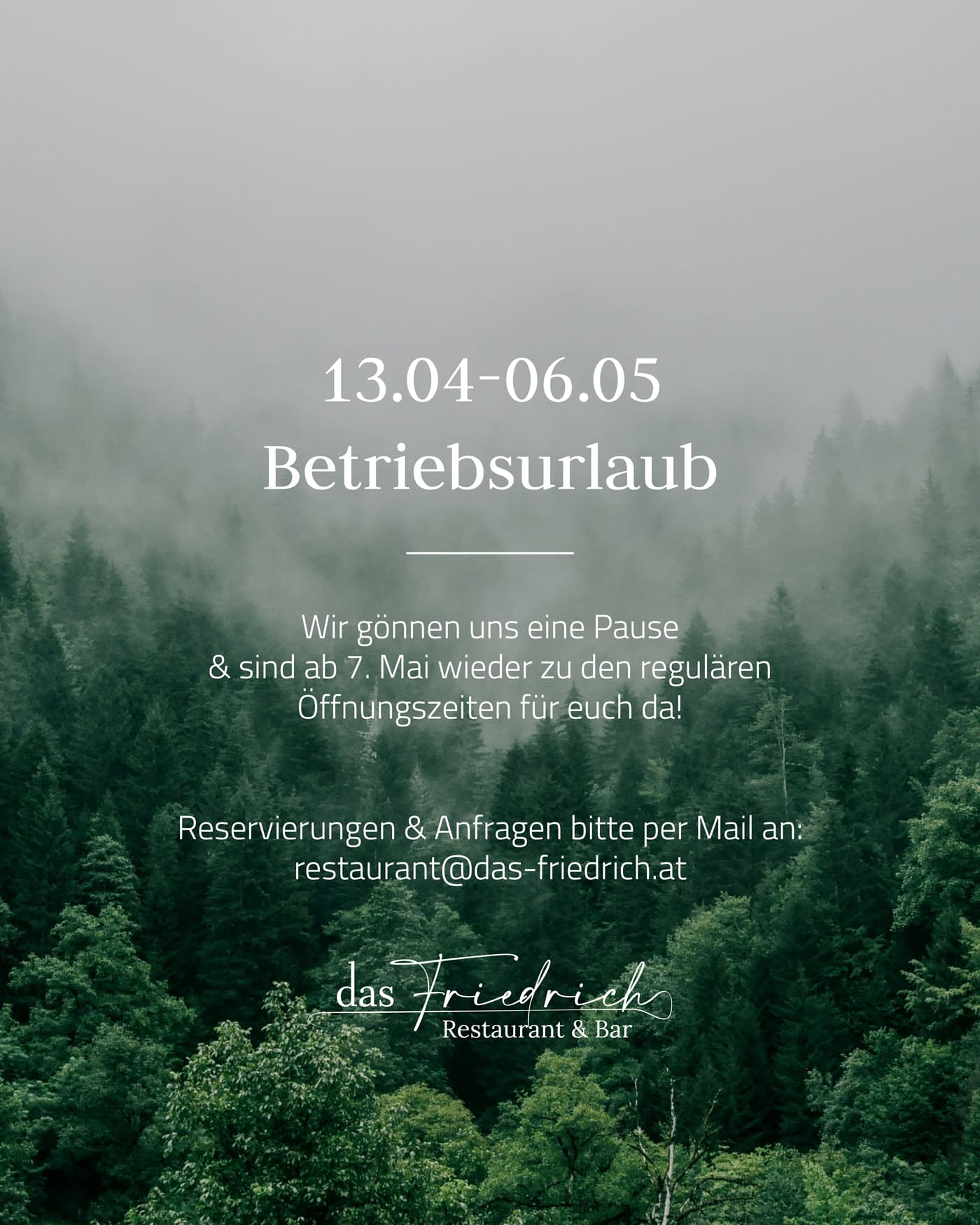 Betriebsurlaub vom 13.04.2026-06.05.2026 
